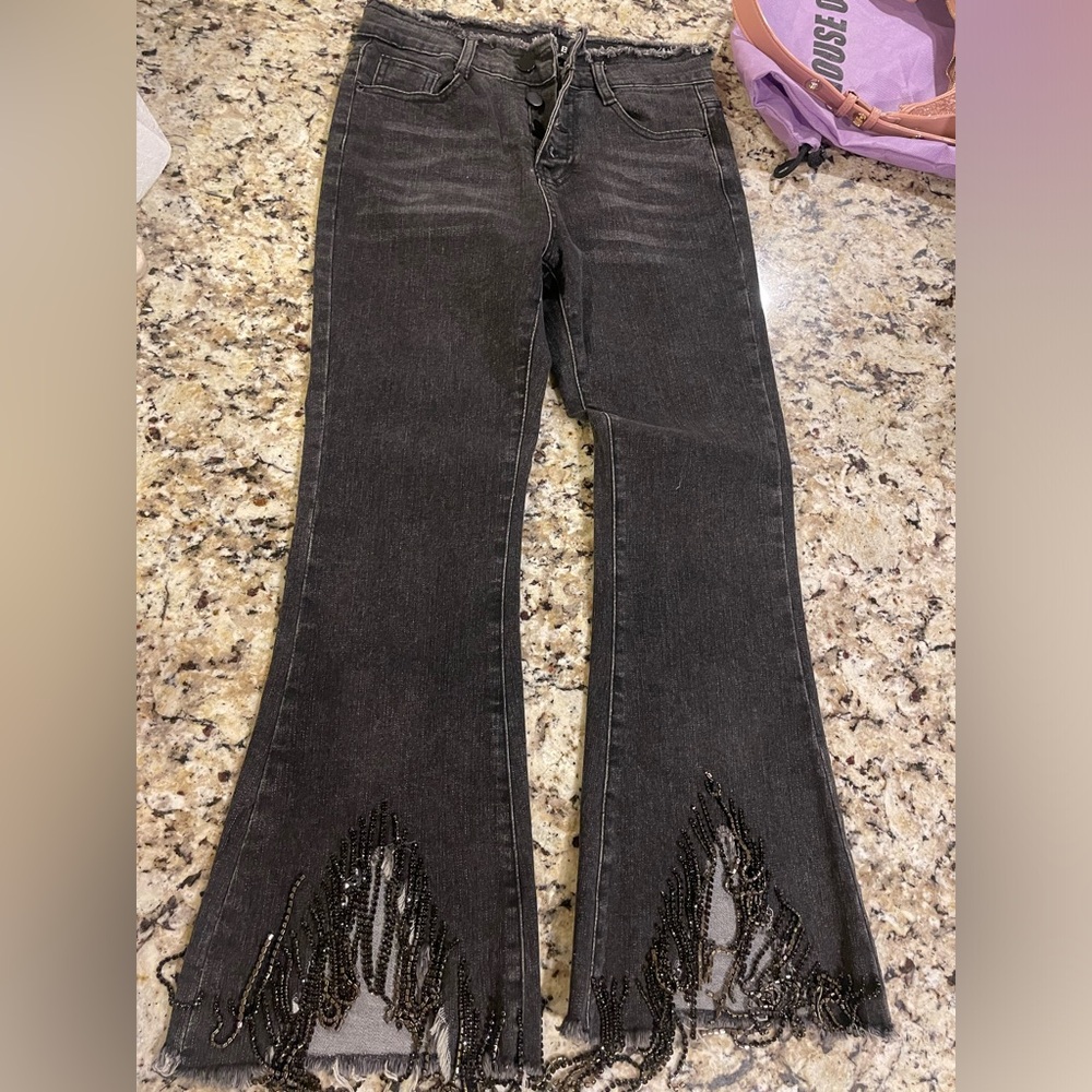 Blue b high rise dark wash with rhinestone fringe